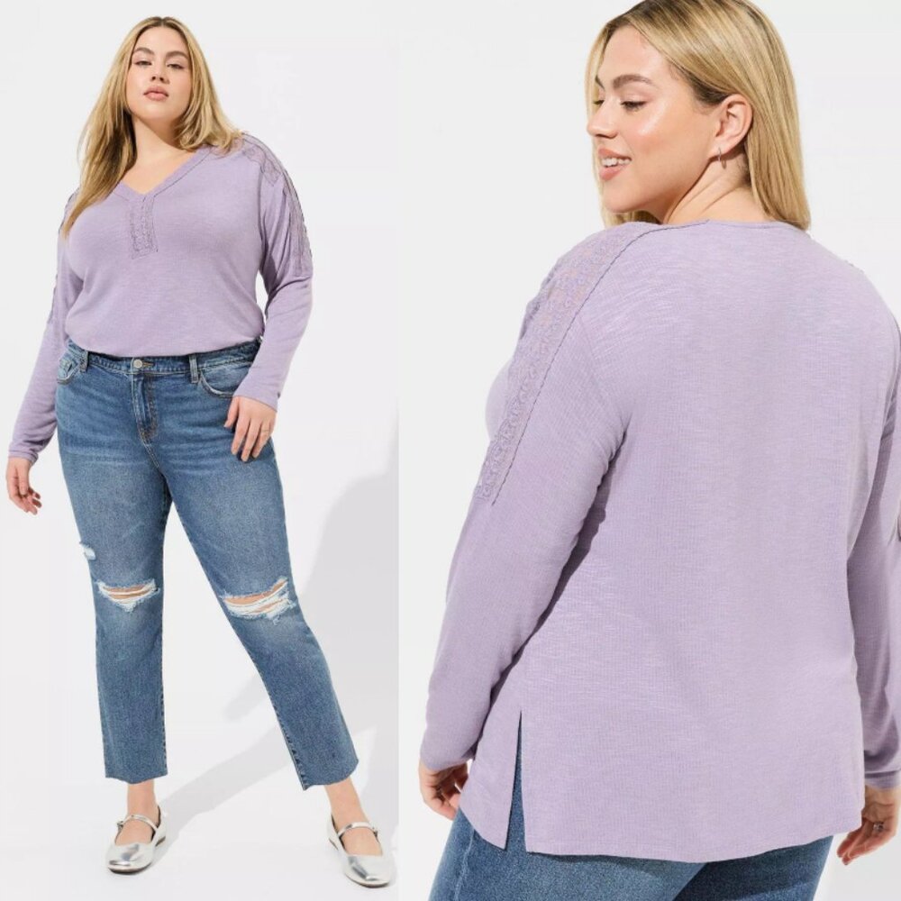 NWT Torrid 3 Super Soft Slub Long Sleeve Drop Shoulder Lace Yoke Top 3X 22 24